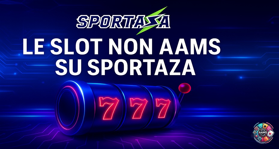 Banner promozionale per le slot non AAMS su Sportaza, con grafica futuristica, logo Sportaza in alto e scritta ben leggibile su sfondo digitale blu con slot machine 777.