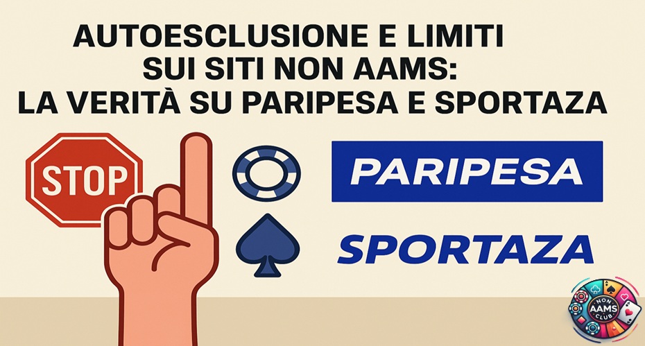 Grafica in italiano sull’autoesclusione e i limiti nei siti non AAMS, con loghi Paripesa e Sportaza, simbolo STOP e mano che indica.