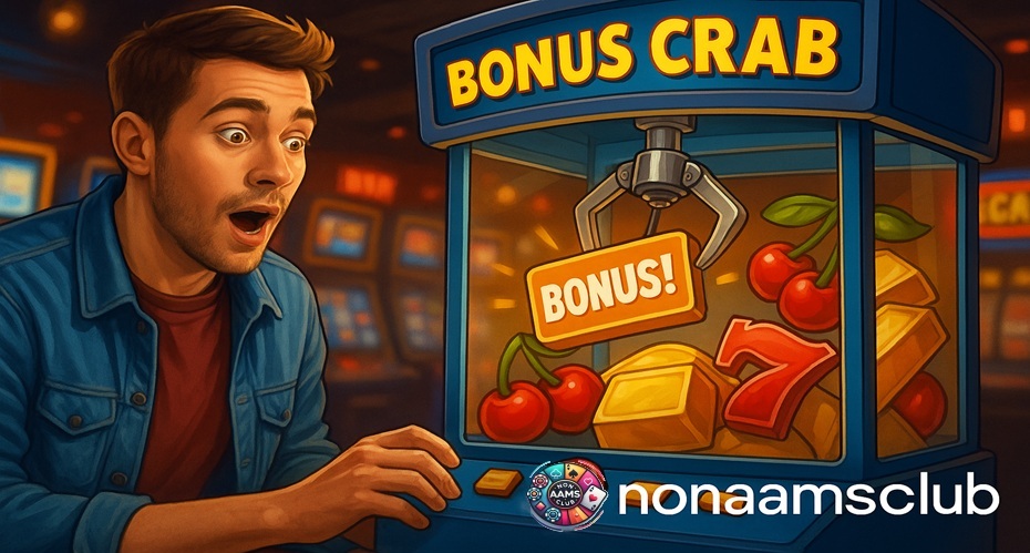 Giocatore sorpreso davanti alla macchina Bonus Crab di Sportaza che acchiappa un premio con la scritta BONUS, ambientazione casinò