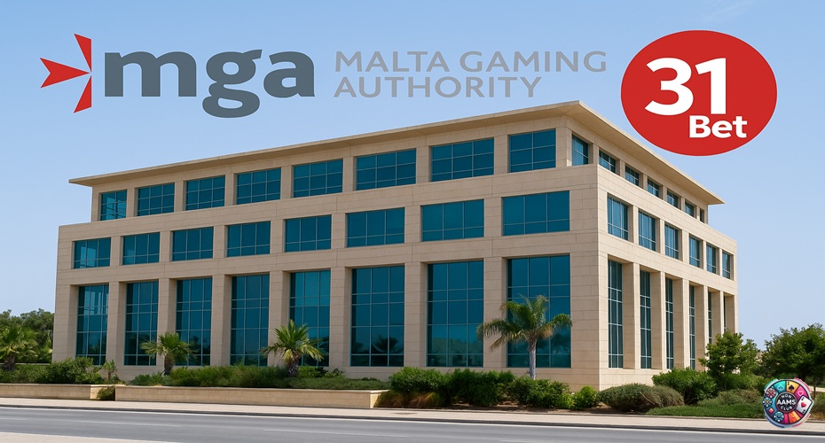 Sede della Malta Gaming Authority a SmartCity Malta con logo ufficiale MGA e 31 Bet in sovrimpressione