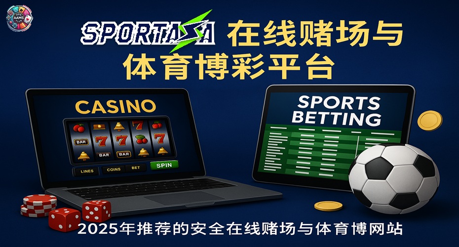 Sportaza 在线赌场与体育博彩横幅图，展示老虎机、骰子和体育赛事投注界面