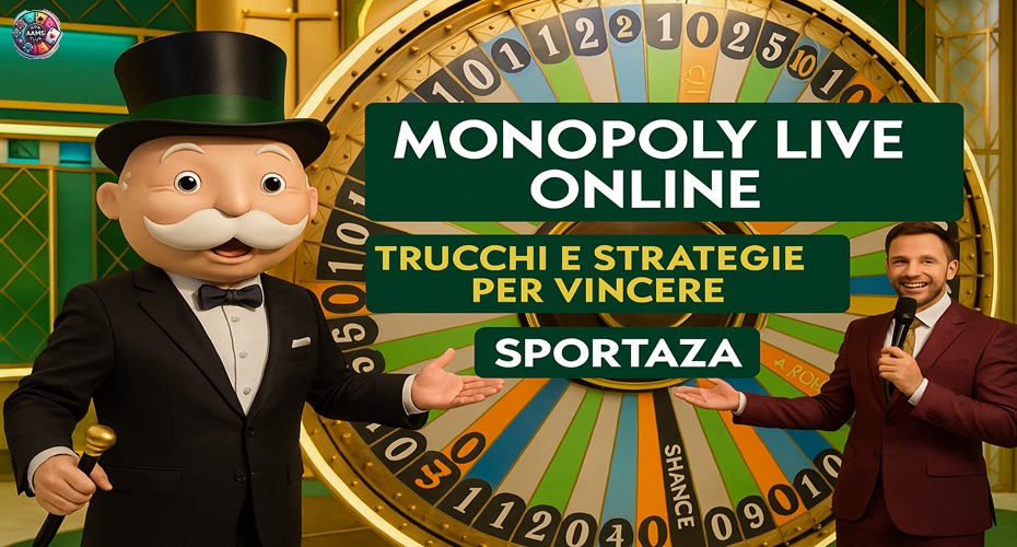 Scena realistica di Monopoly Live Online con Mister Monopoly e un presentatore accanto alla ruota del gioco, nello studio in stile Sportaza con colori verde, oro e nero.