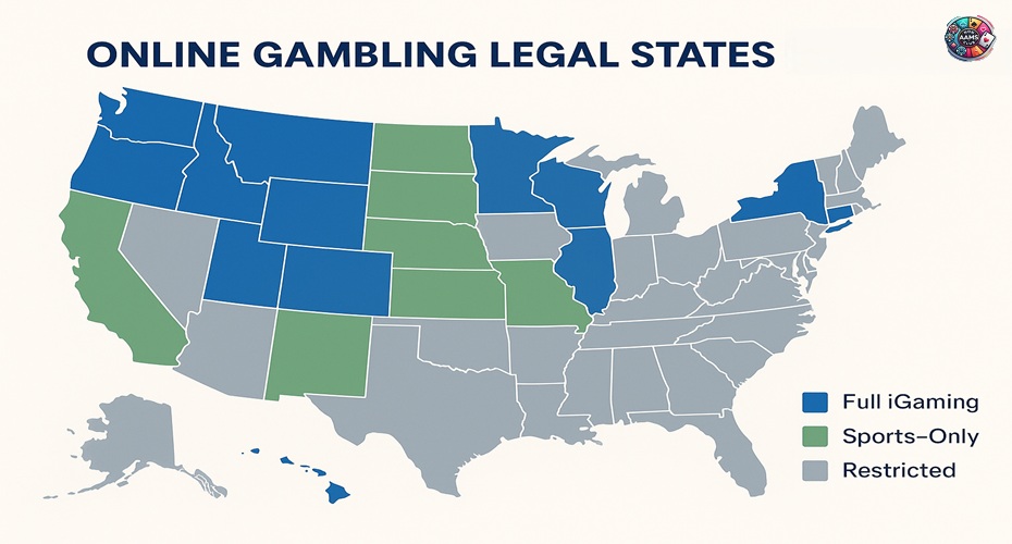 Map showing U.S. states where online gambling is legal in 2025