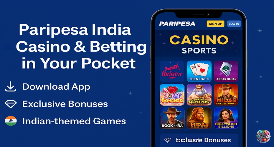 Paripesa India App banner showing Aviator, Teen Patti, and Indian-themed slots