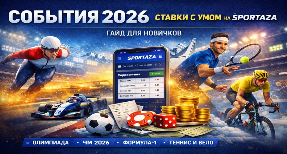 Коллаж спортивных событий 2026 для ставок на Sportaza: футбол, Формула-1, теннис, велоспорт и зимние дисциплины
