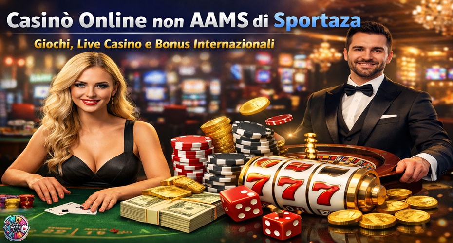 Casinò online non AAMS di Sportaza con croupier, roulette, slot 777 e fiches da gioco