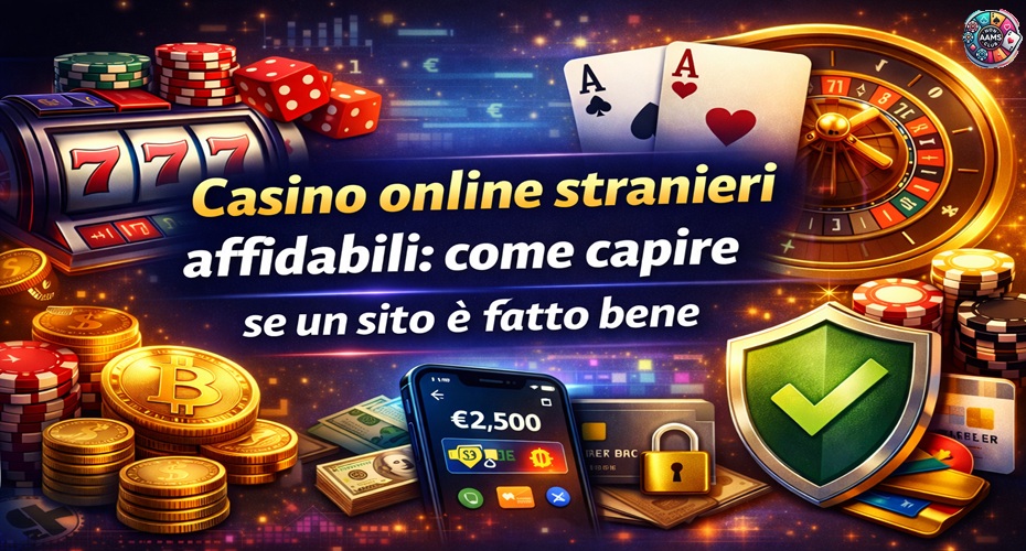 Casino online stranieri affidabili con grafica dedicata a sicurezza giochi bonus e pagamenti