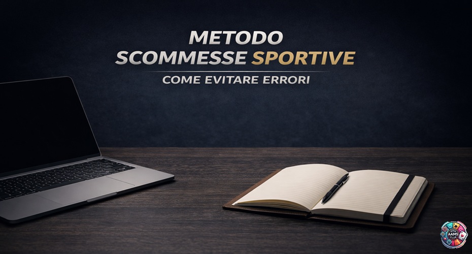 Metodo scommesse sportive in una copertina sobria con laptop e taccuino su scrivania scura