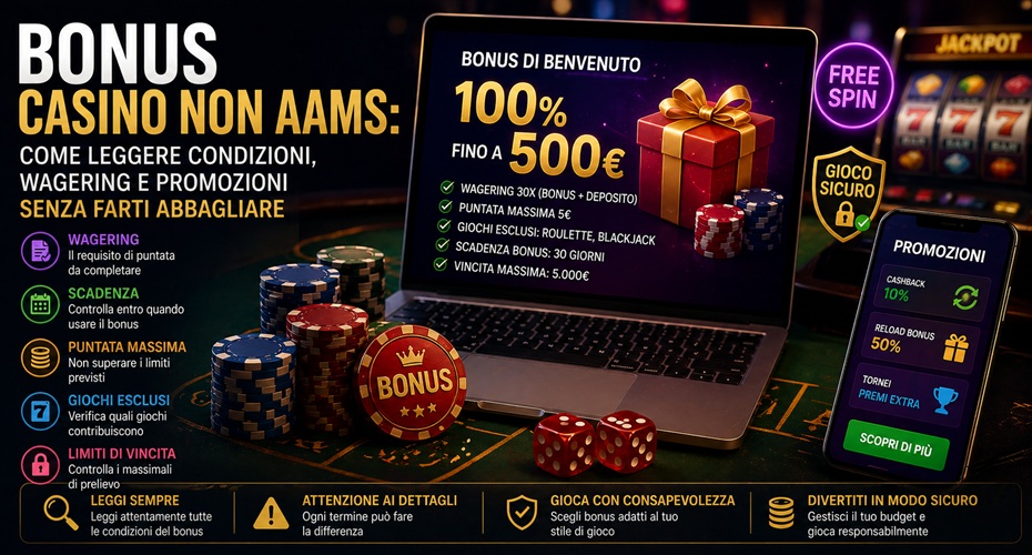 Bonus casino non AAMS con laptop, fiches, free spin, simbolo regalo e condizioni promozionali