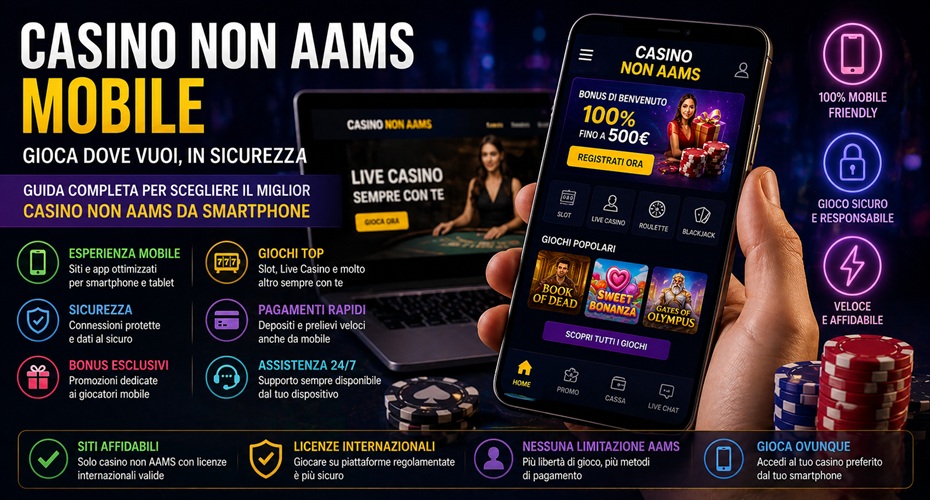 Casino non AAMS mobile con smartphone, laptop, slot online, lucchetto digitale e fiches