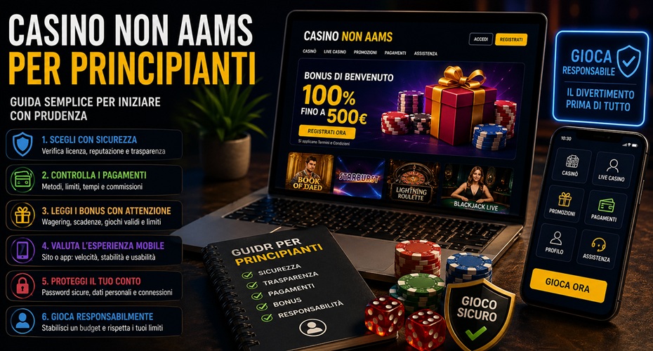 Casino non AAMS per principianti con laptop, smartphone, fiches, guida digitale e simbolo di sicurezza