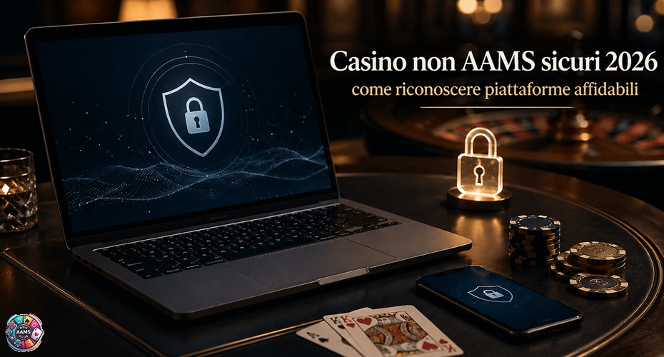 Casino non AAMS sicuri 2026 con laptop, lucchetto digitale, smartphone, fiches e roulette in ambiente elegante