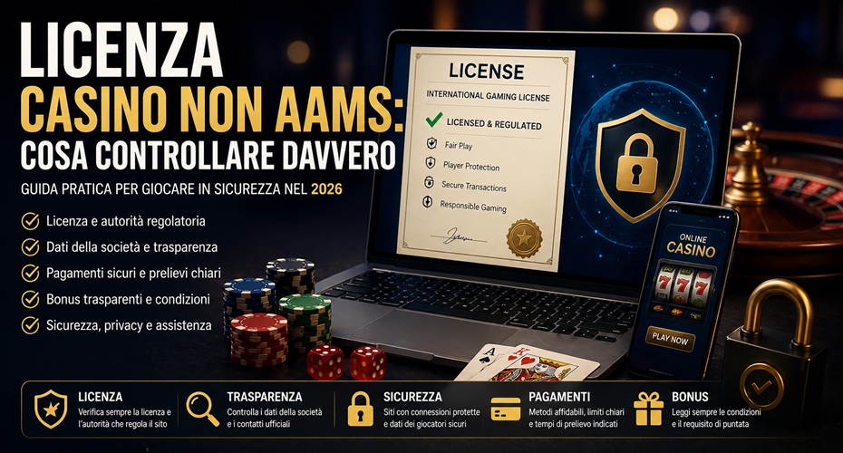 Licenza casino non AAMS con documento digitale, laptop, lucchetto e dettagli da casino online