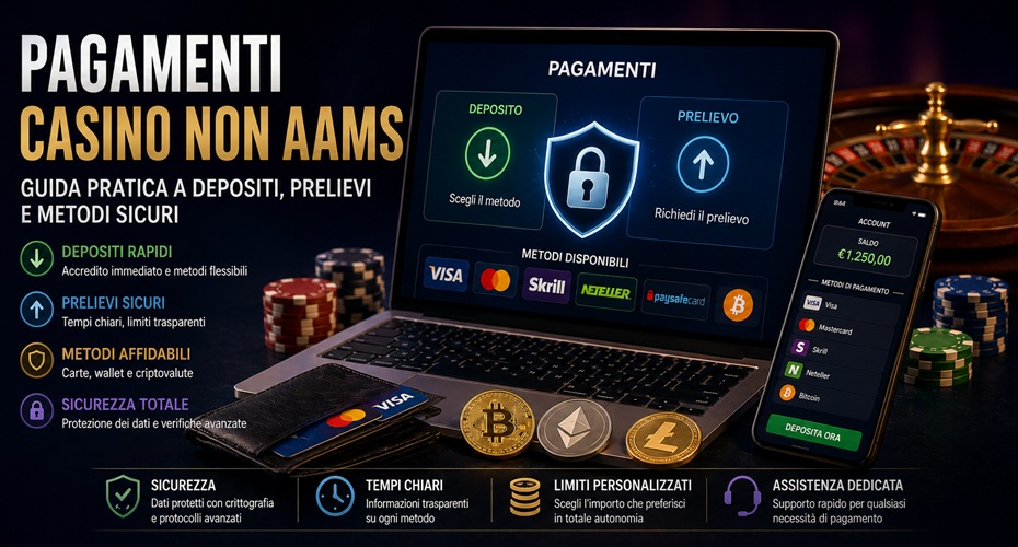 Pagamenti casino non AAMS con laptop, carta, smartphone, crypto, fiches e simbolo di sicurezza