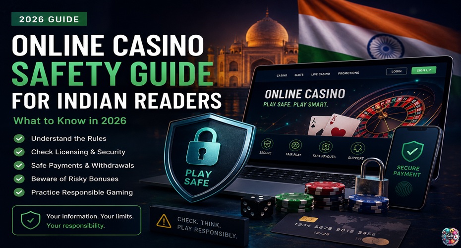 Online Casino Safety Guide for Indian Readers 2026 con simboli di sicurezza, pagamenti protetti e gioco responsabile