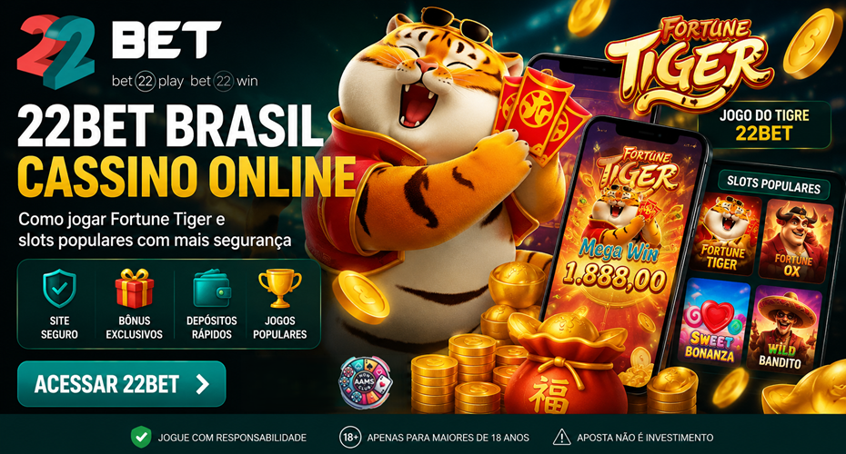 Imagem editorial sobre 22Bet Brasil cassino online com tigre cartoon, Fortune Tiger, slots digitais, moedas douradas, logo 22Bet e logo Nonaamsclub