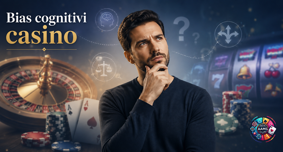 Bias cognitivi casino con uomo pensieroso, roulette, slot e logo Nonaamsclub