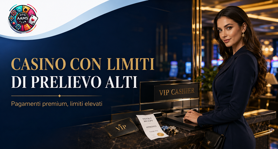 Casino con limiti di prelievo alti con logo Nonaamsclub, ragazza elegante, sportello VIP cashier e ambientazione premium