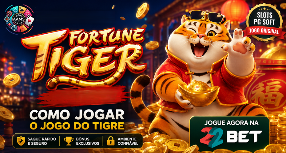 Imagem editorial de Fortune Tiger 22Bet com tigre, moedas douradas, ambiente de cassino premium e logo Nonaamsclub