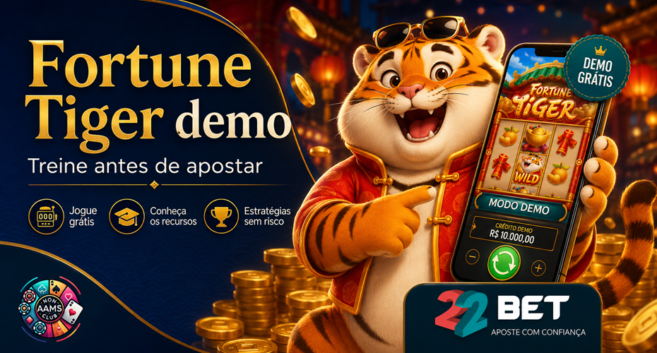 Imagem editorial sobre Fortune Tiger demo com tigre cartoon, celular em modo demo, moedas douradas, logo Nonaamsclub e logo 22Bet