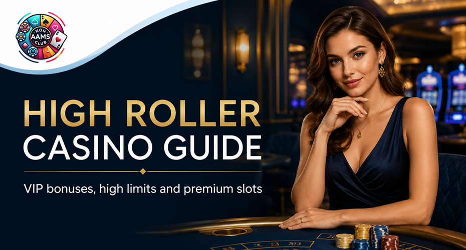 High roller casino guide with Nonaamsclub logo, elegant VIP woman, casino table, chips and premium slot atmosphere
