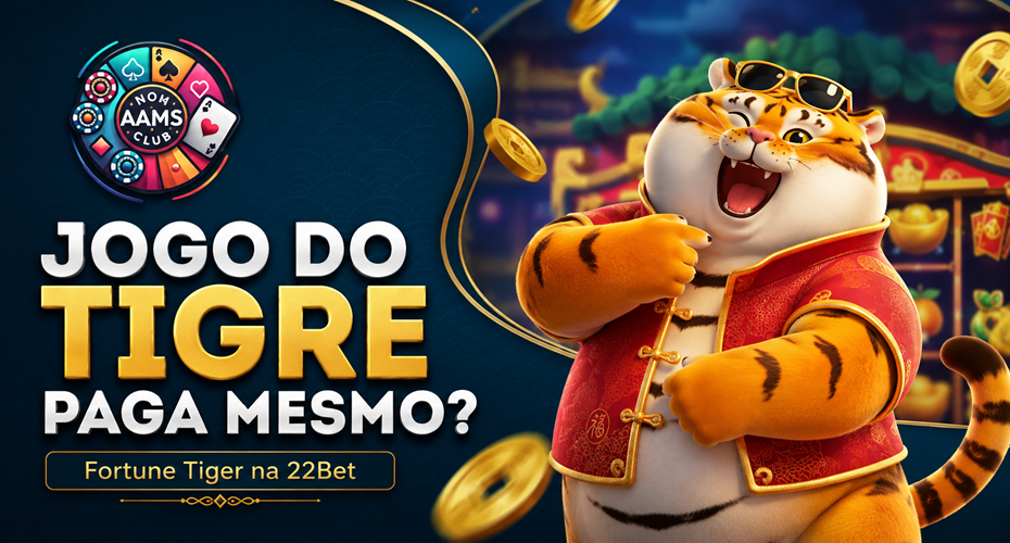 Imagem editorial com tigre cartoon, moedas douradas, logo Nonaamsclub e texto Jogo do Tigre paga mesmo para artigo sobre Fortune Tiger na 22Bet