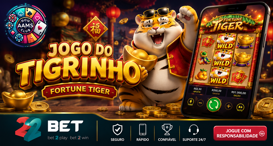 Jogo do Tigrinho Fortune Tiger com tigre mascote, slot online, logo Nonaamsclub e logo 22Bet