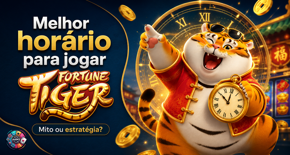 Imagem editorial sobre melhor horário para jogar Fortune Tiger com tigre cartoon segurando relógio, moedas douradas, cassino online e logo Nonaamsclub em baixo à esquerda