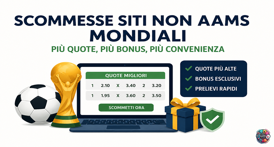 Grafica sulle scommesse siti non AAMS Mondiali con computer, pallone, trofeo, bonus, quote più alte e prelievi rapidi.