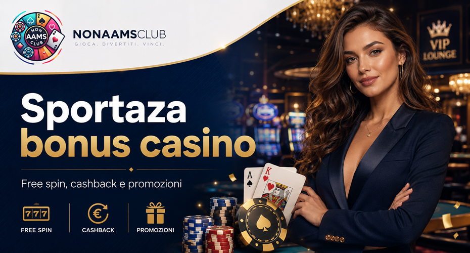 Sportaza bonus casino con logo Nonaamsclub, free spin, cashback, promozioni e donna elegante in ambiente casino