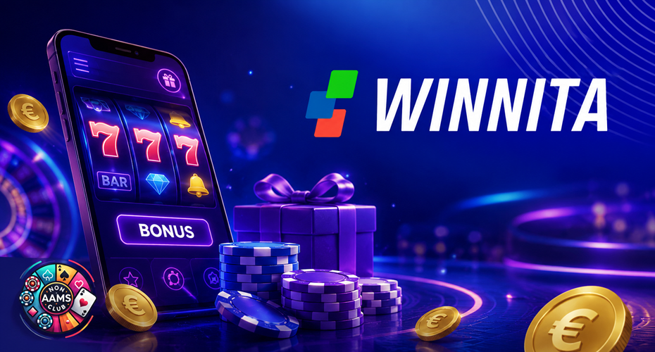 Banner Winnita bonus casino con smartphone slot, fiches, monete e logo Nonaamsclub in basso a sinistra