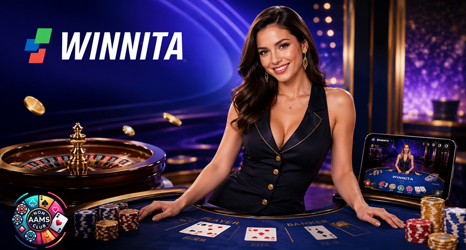 Winnita live casino con croupier elegante, roulette, blackjack, fiches, smartphone e logo Nonaamsclub