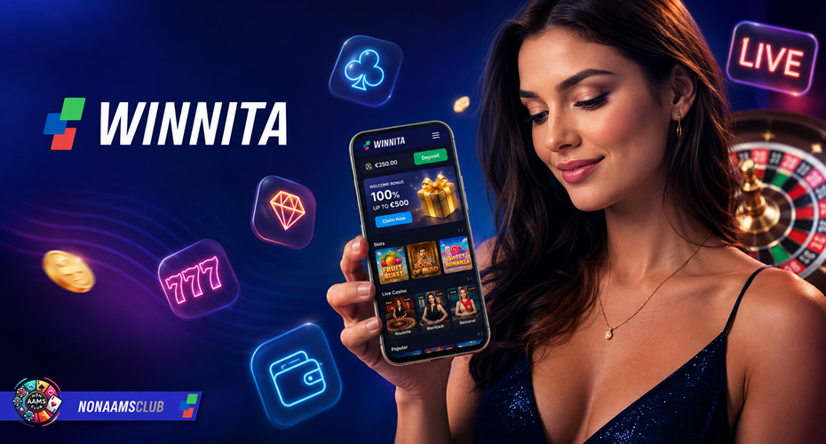 Winnita mobile e app con smartphone, slot, live casino, bonus, pagamenti e logo Nonaamsclub