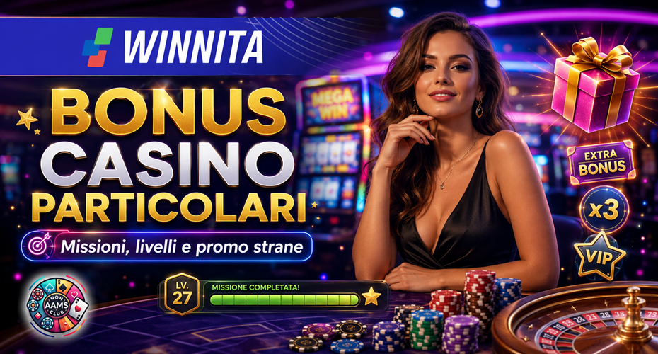 Immagine promozionale sui bonus casino particolari con logo Winnita, logo Nonaamsclub, missioni, livelli, roulette, slot e atmosfera casino elegante