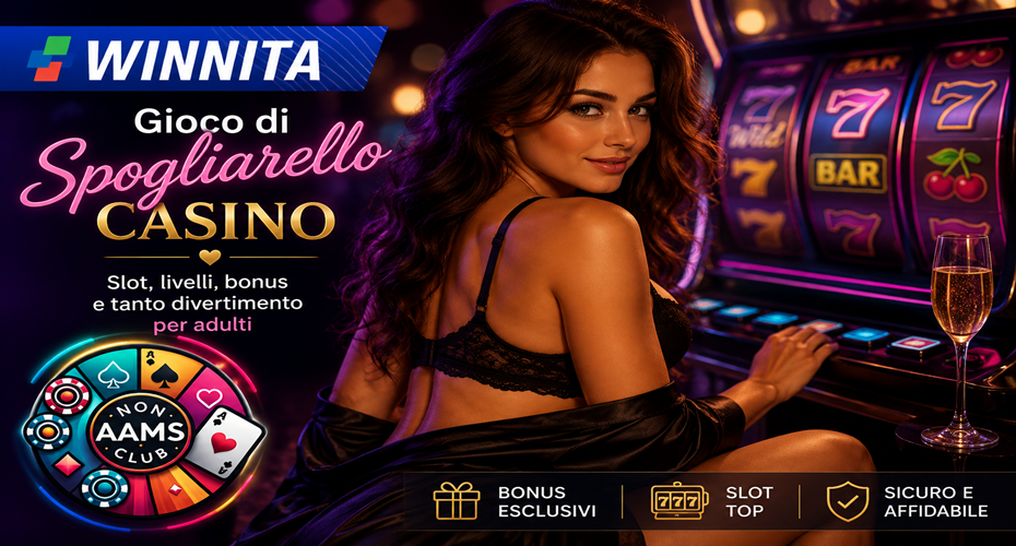 Immagine promozionale elegante del gioco di spogliarello casino con logo Winnita, logo Nonaamsclub, slot online e atmosfera casino hot non volgare