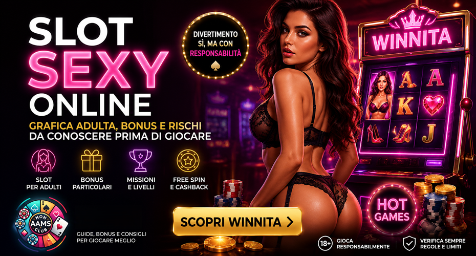 Immagine promozionale dedicata alle slot sexy online con logo Winnita, logo Nonaamsclub, bonus particolari, missioni, livelli e atmosfera casino hot