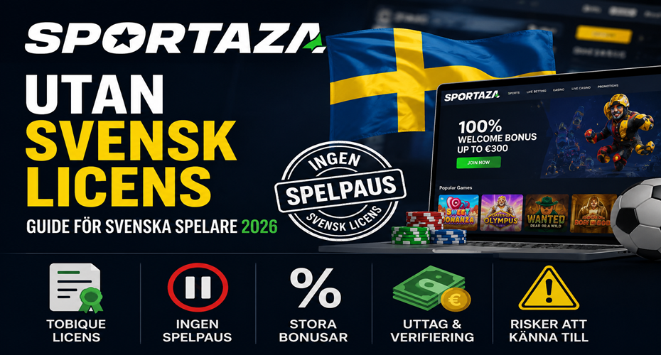 Sportaza utan svensk licens med svensk flagga, Tobique-licens och information om Spelpaus