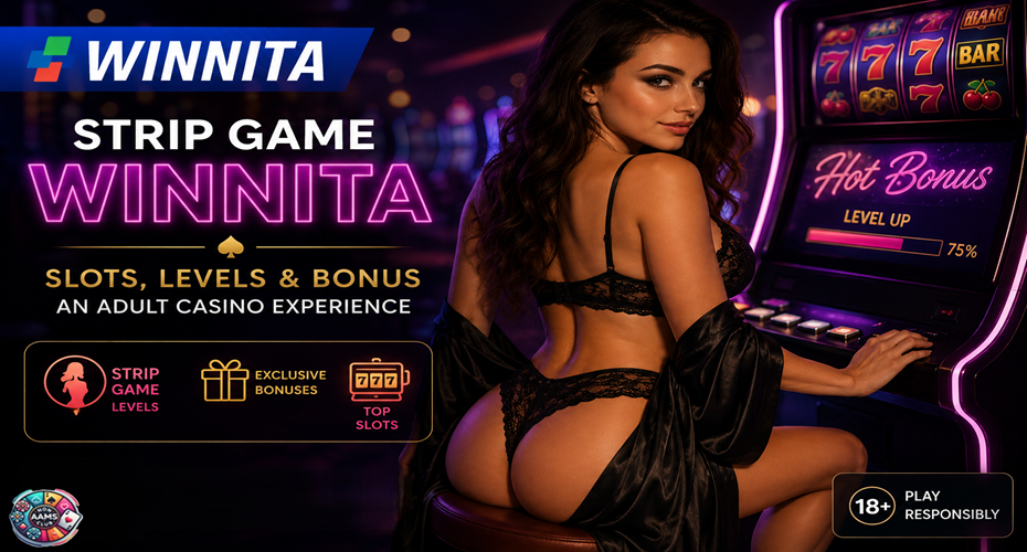 Immagine promozionale sexy ma non volgare dedicata a Strip game Winnita con logo Winnita, logo Nonaamsclub, slot machine, livelli e bonus casino