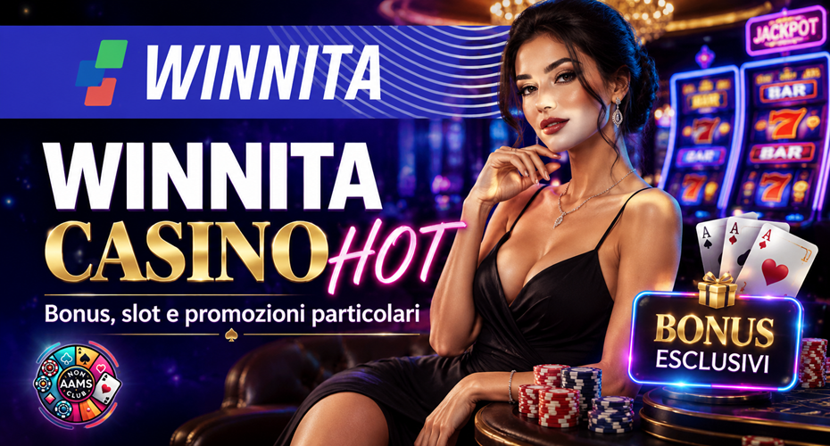 Immagine promozionale elegante e sensuale dedicata a Winnita casino hot con logo Winnita, logo Nonaamsclub, bonus esclusivi, slot e fiches