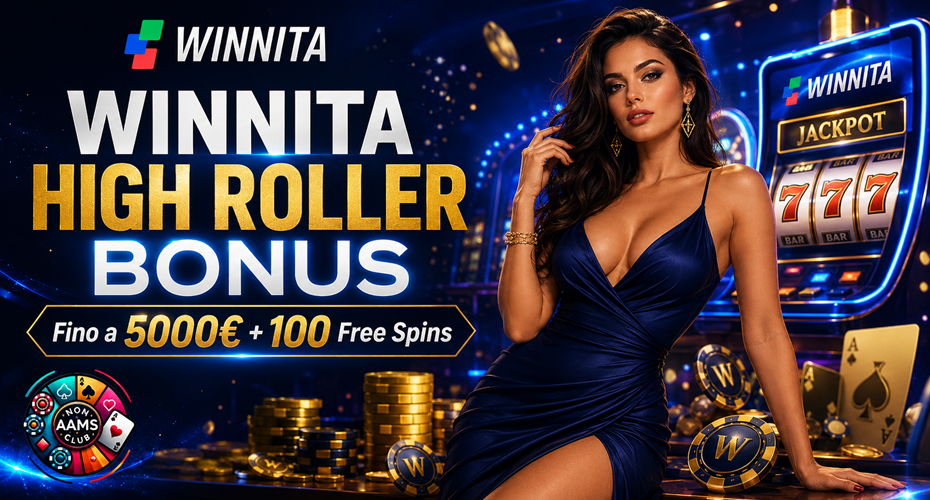 Winnita High Roller Bonus con modella elegante, slot machine e logo Nonaamsclub