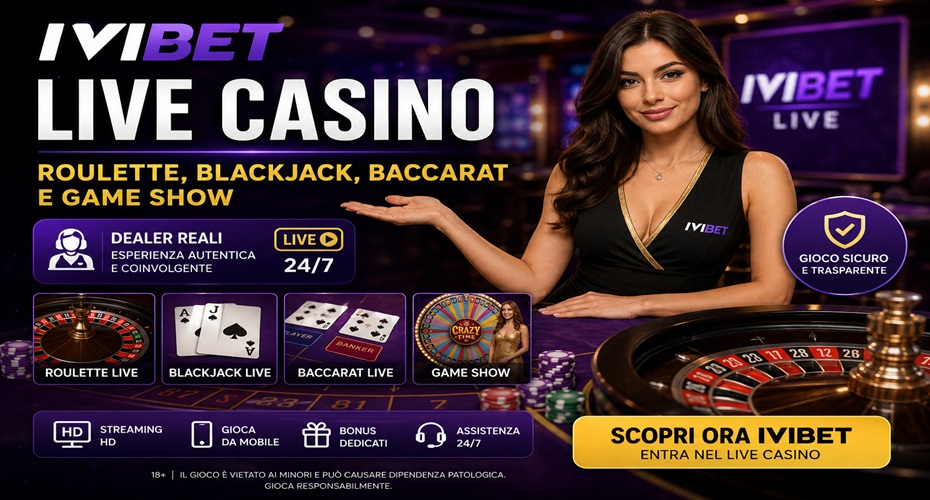 IVIBET Live Casino con dealer reali, roulette live, blackjack, baccarat e game show nella piattaforma di casinò online.